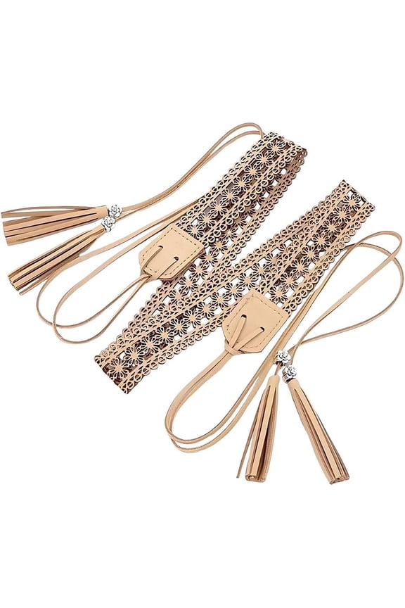 Woven Knotted Waist Belt PU Leather Boho Tassel Waistband 66.54 x 1.12 Inch Vintage Hollow Belt with Wax Rope Western Ethnic Macrame Waistband for Women Dress Skirt (Bisque)