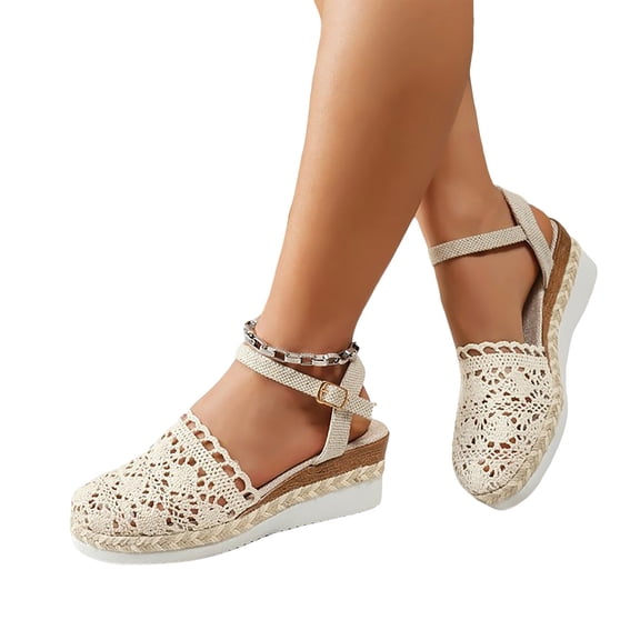 Woven Lace Platform Wedge Sandals for Women Boho White Bride Wedding Closed Toe Espadrilles Dressy Sandals