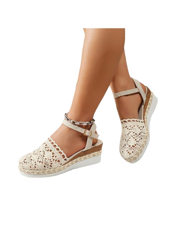 Woven Lace Platform Wedge Sandals for Women Boho White Bride Wedding Closed Toe Espadrilles Dressy Sandals