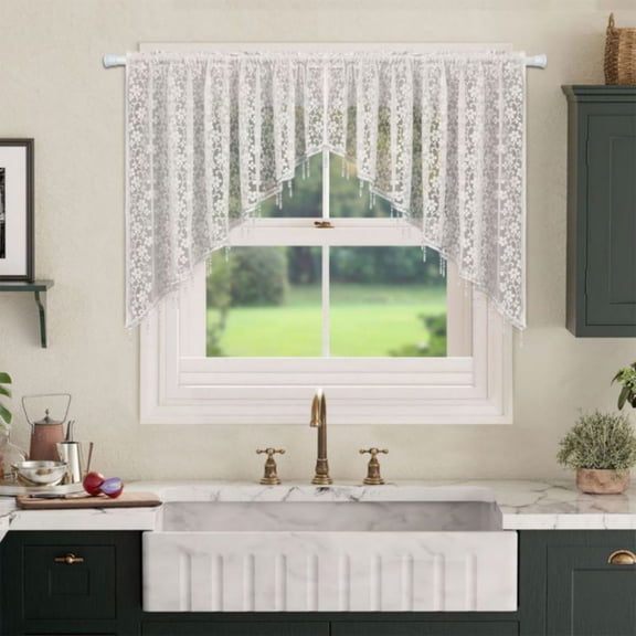 Woven Lace Short Scalloped Curtain Swag Valance,2 Panel White Rose-Patterned Tasseled Sheer Curtains for Home Decoration