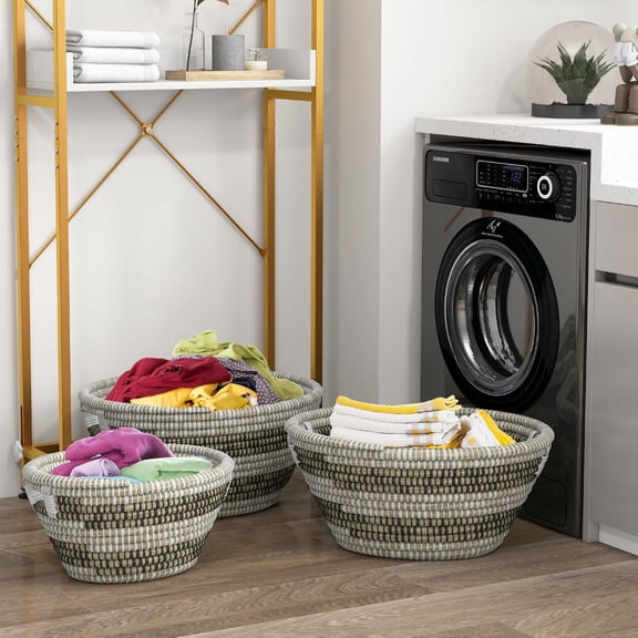 Woven Laundry Basket 24"/20"/16"- Set of 3 Stackable Storage Baskets with Handles, Large Oval Kans Grass Woven Baskets Laundry Hamper for Throw Blanket Clothes Living Room Bedroom