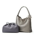 thumbnail image 1 of Woven Leather Hobo Handbag with Star Charm and Drawstring Pouch, Available in Gold, Gray, Purple, Black, 1 of 5