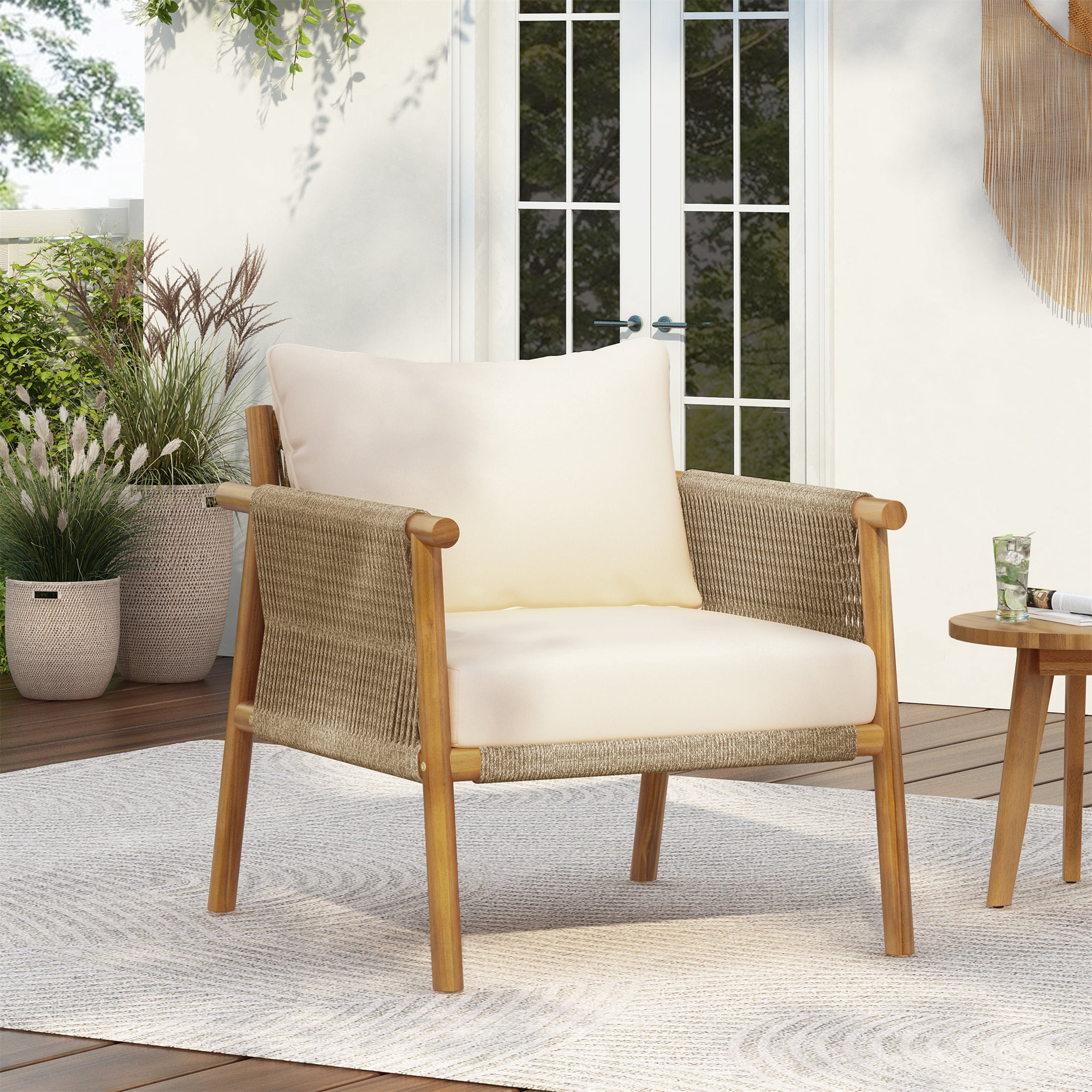 Woven Lounge Chair, 28 Inch Outdoor Chair with Solid Wood Frame for Patio Garden, Teak