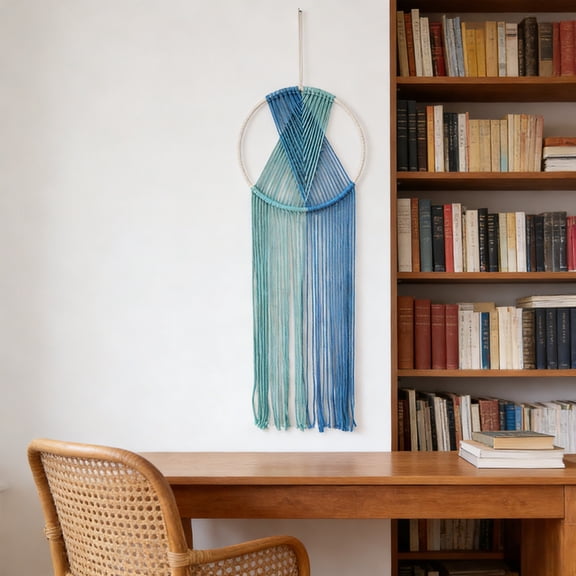 Woven Macrame Tassel Wall Hanging Tapestry | Boho Chic Home Decor for Living Room, Bedroom, Apartment | Blue Pink White Thread | 30"x10" | Modern Cozy Decorative Accent