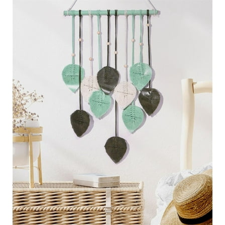 Woven Macrame Wall Hangings, Yayun Hand-Woven Leaf Tapestries, Wall Decorative Hangings for Bedroom, Living Room, Flat, Dormitory, 7 Wood Clips, Green
