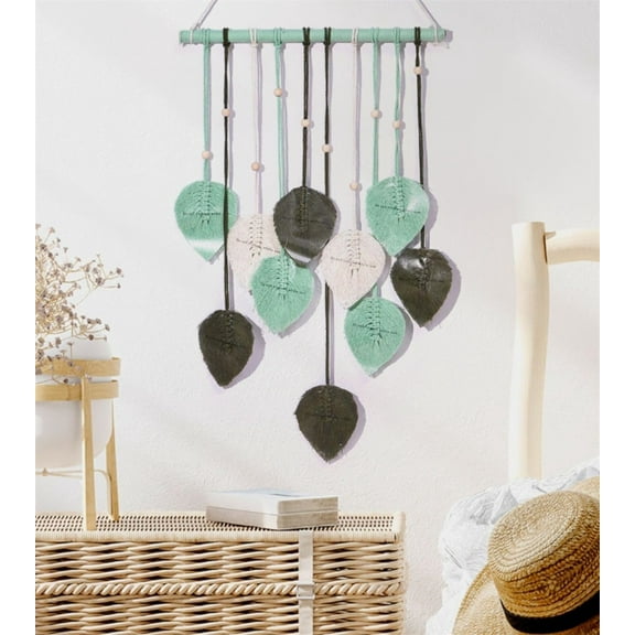 Woven Macrame Wall Hangings, Yayun Hand-Woven Leaf Tapestries, Wall Decorative Hangings for Bedroom, Living Room, Flat, Dormitory, 7 Wood Clips, Green