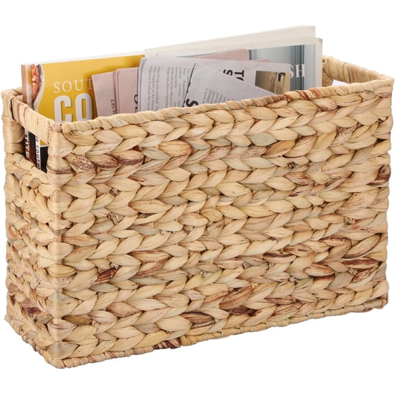 Woven Magazine Holder, Water Hyacinth Magazine Basket, Natural Narrow Storage Basket Bin for Books & Files, Magazine Rack with Built-in-Handle for Home, Office & Desk - 15.4x5.5x9.8 Inch
