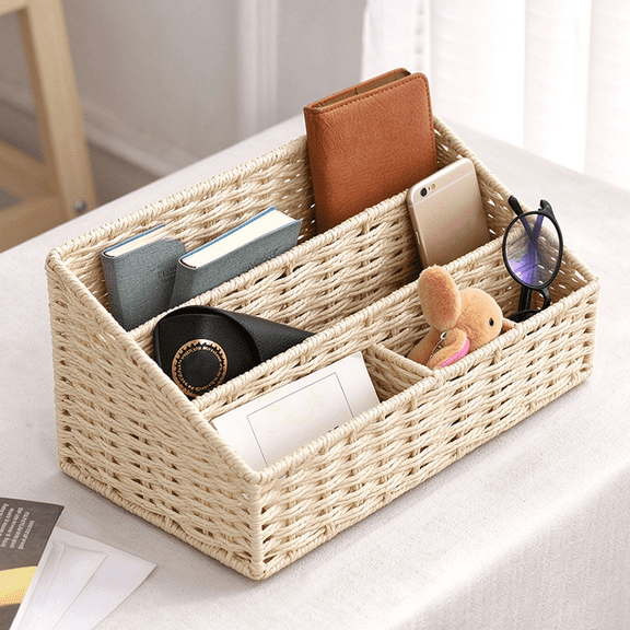 Woven Mail Organizer Basket, 12.6 Inch Countertop Mail Organizer for Bills and Pens, Farmhouse Desk Storage and Accessories