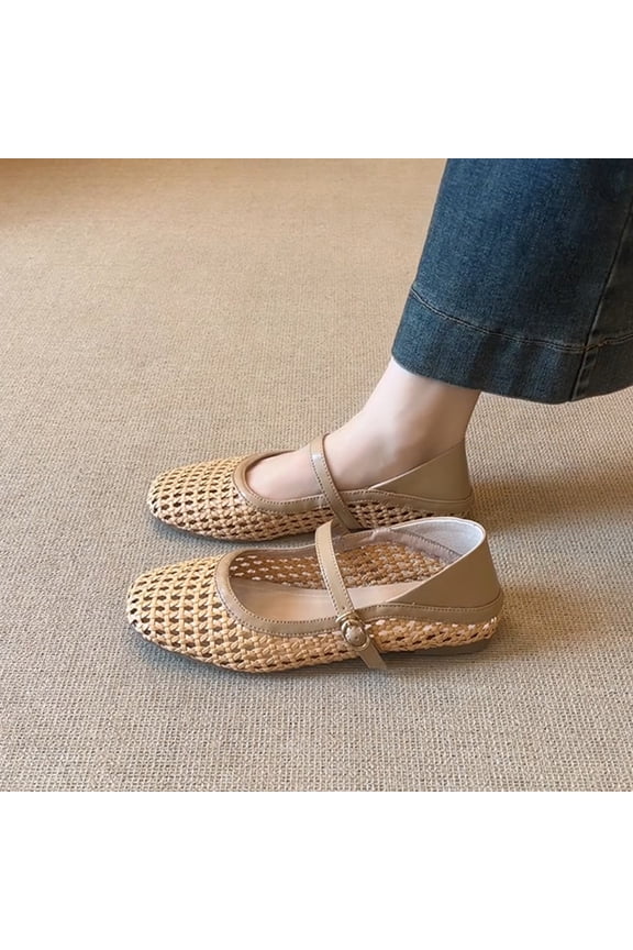 Woven Mesh Ballet Flats for Women Square Toe Mary Jane Flats Buckle Strap Flat Shoes Comfortable Ballerina Flats Dressy Mesh Shoes Casual Mary Janes for Women