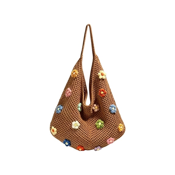 Woven Mesh Tote Bag, Crochet Shoulder Bag Knitted Handbag with Colorful Floral Embellishments for Beach Vacation Daily Use,Khaki