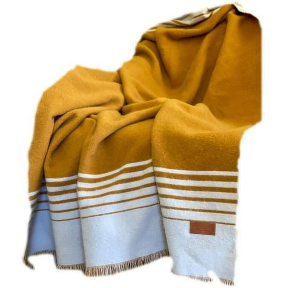 Woven Microfiber Striped Throw Blanket with Fringe, Gold & Ivory