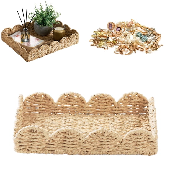 Woven Natural Water Hyacinth Decorative Tray, Scalloped Basket Serving Tray for Coffee Table, Rattan Wooden Tray for Home Decor, Table Centerpiece, Living Room Accessories