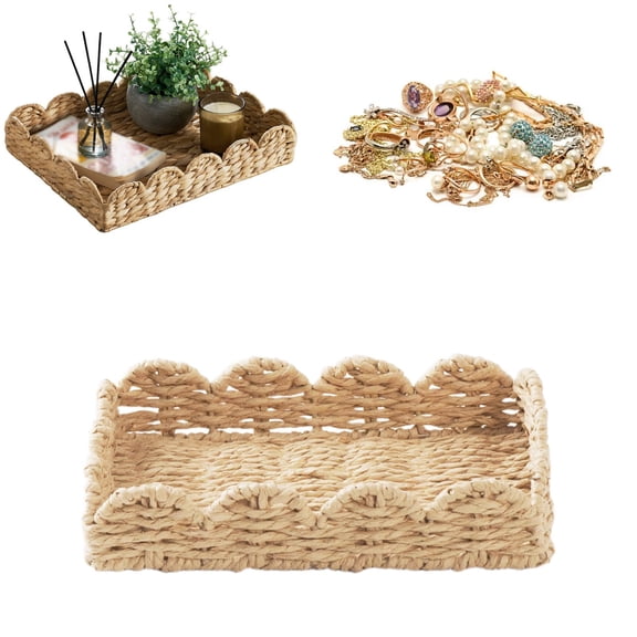 Woven Natural Water Hyacinth Decorative Tray, Scalloped Basket Serving Tray for Coffee Table, Rattan Wooden Tray for Home Decor, Table Centerpiece, Living Room Accessories