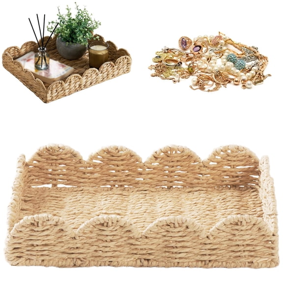 Woven Natural Water Hyacinth Decorative Tray, Scalloped Basket Serving Tray for Coffee Table, Rattan Wooden Tray for Home Decor, Table Centerpiece, Living Room Accessories