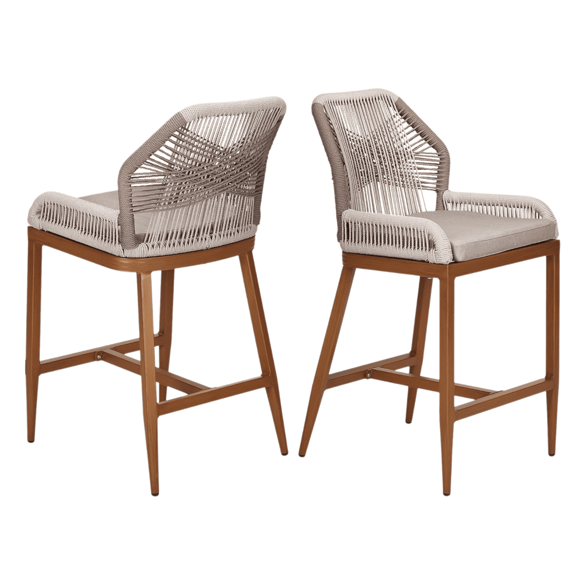 Gray and Brown Rope Woven Outdoor Bar Stools with Cushions