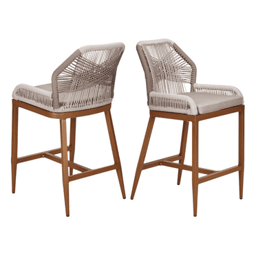 Woven Outdoor Counter Height Bar Stools Chairs Set of 2, Rattan Garden Counter Stools with Aluminum Frame, Modern Barstool with Backrest for Kitchen, Patio, Garden