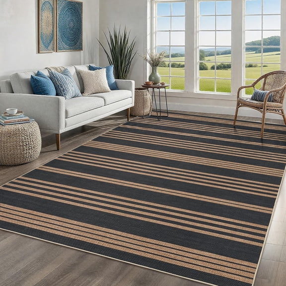 Woven Outdoor Rug for Patio 5x7 Bedroom Rugs Washable Rugs for Living Room Modern Striped Area Rug for Dining Room Black and Brown Rug