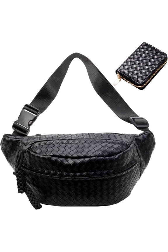 Woven PU Leather Fanny Packs for Men and Women, Stylish Sling Crossbody Purse Adjustable Strap, Unisex Bum Bags for Festival Travel Shopping Outdoor (Black, Medium)