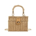 thumbnail image 1 of Woven Paper Box Handbag with Detachable Chain Strap - Lightweight Boho Straw Textured Tote Crossbody for Summer Beach Vacation,Khaki, 1 of 6