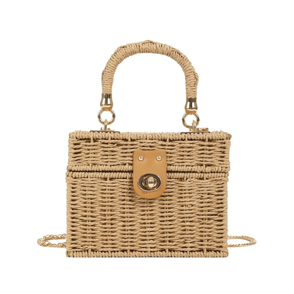 Woven Paper Box Handbag with Detachable Chain Strap - Lightweight Boho Straw Textured Tote Crossbody for Summer Beach Vacation,Khaki