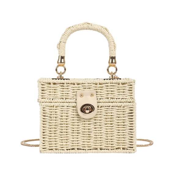 Woven Paper Box Handbag with Detachable Chain Strap - Lightweight Boho Straw Textured Tote Crossbody for Summer Beach Vacation,White