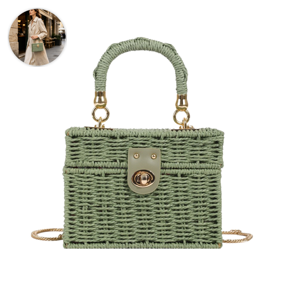 Woven Paper Rope Handbag with Detachable Chain Strap for Women Summer Casual Crossbody Purse Boho Style Travel Beach Bag