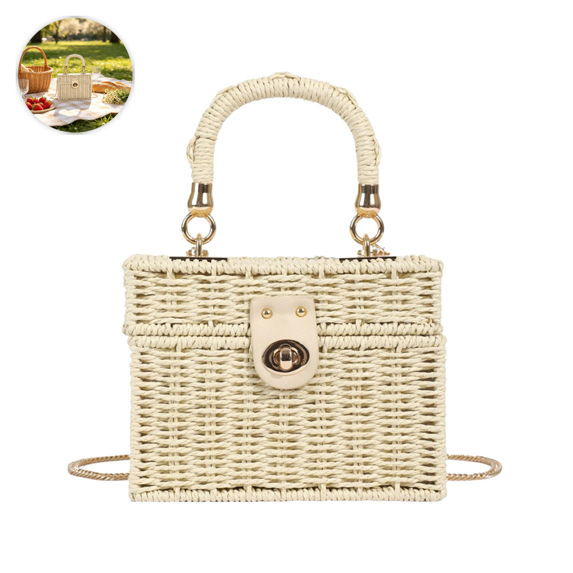 Woven Paper Rope Handbag with Detachable Chain Strap for Women Summer Casual Crossbody Purse Boho Style Travel Beach Bag