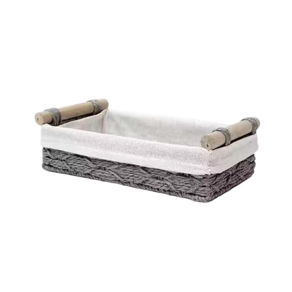 Woven Paper Rope Storage Basket,Wicker Baskets with Wooden Handles & Liner for Bathroom Clothes Storage,Farmhouse Kitchen Tidying,9.84x5.91x3.19 Inch,Gray