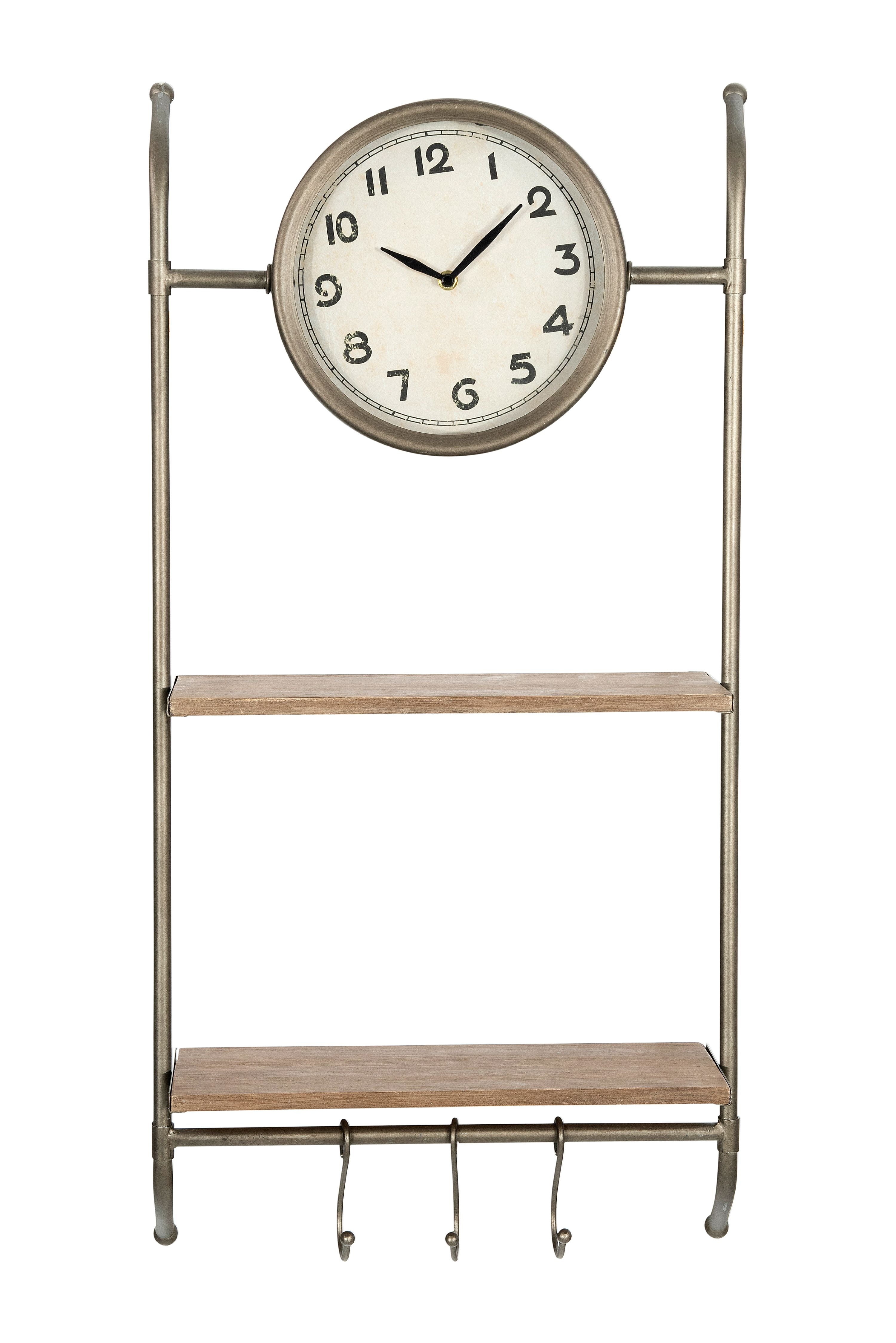 Bronze Metal Wall Clock with Natural Wood Shelves and Hooks
