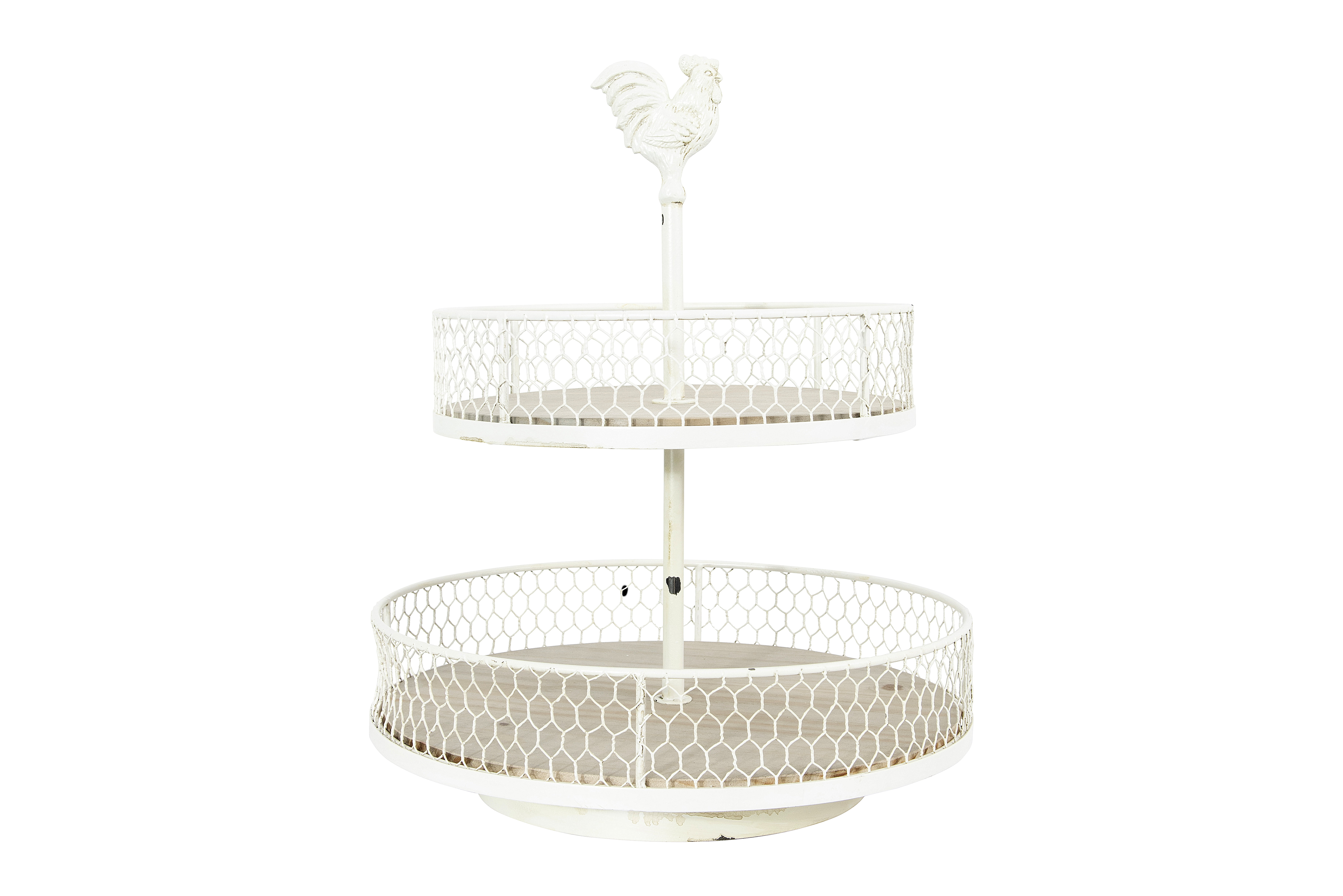 Rustic Farmhouse Round Wood & White Metal 2-Tier Rooster Tray