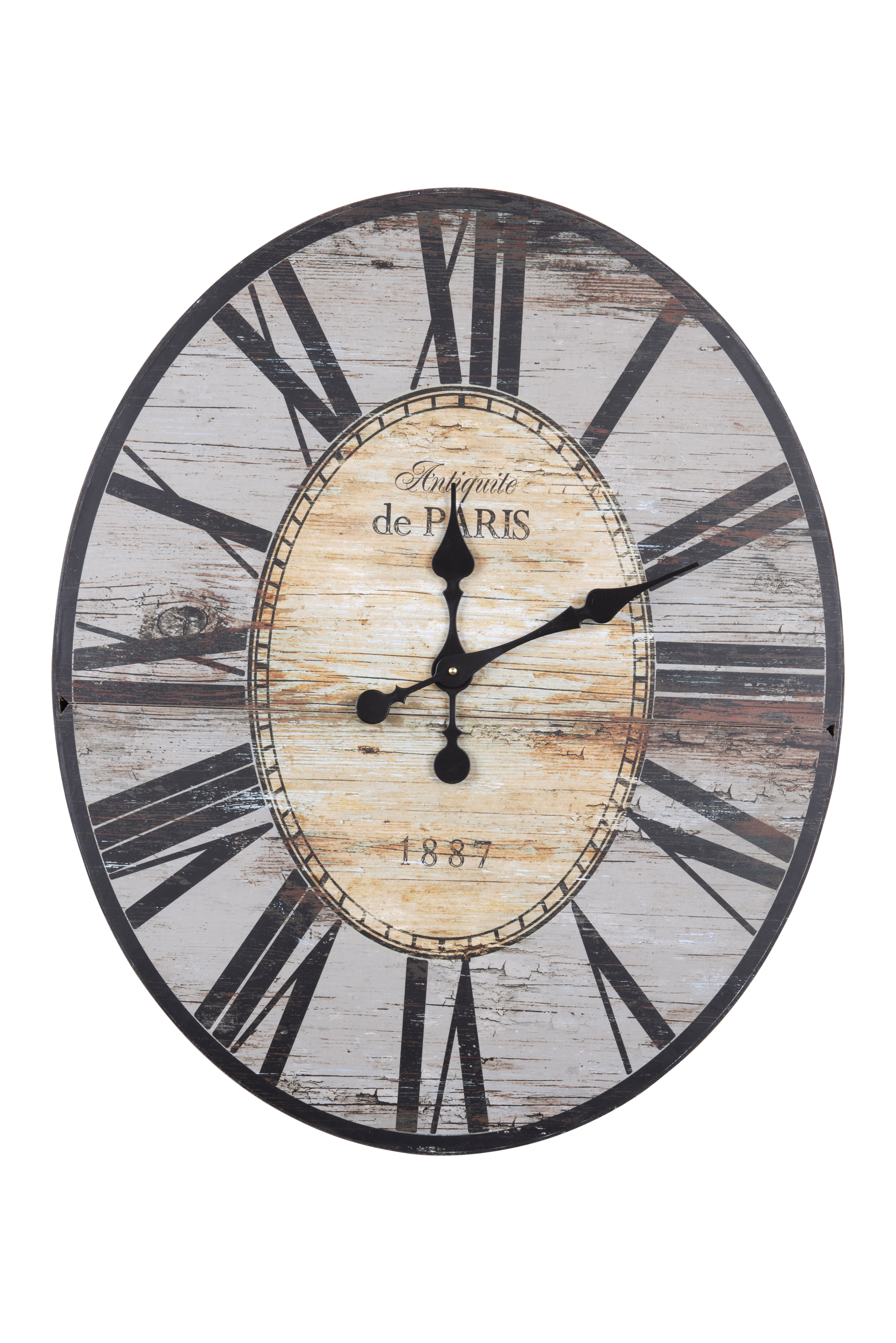 Distressed Grey Wood Oval Wall Clock with Black Roman Numerals