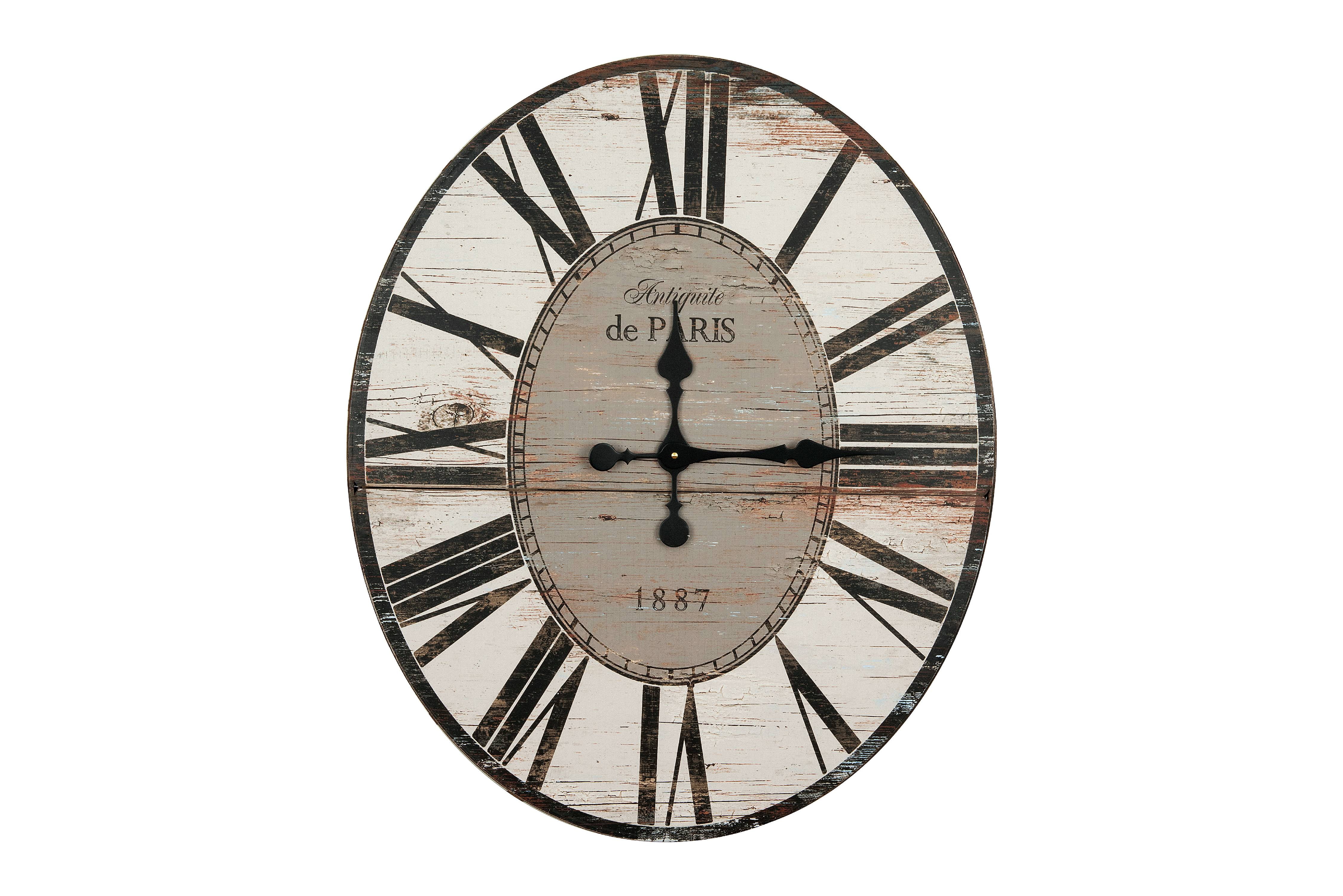Distressed White and Gray Oval Wood Wall Clock with Roman Numerals