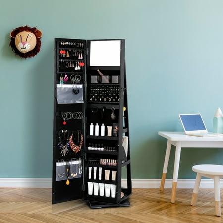 Woven Paths Adult Modern 360 Degree Rotatable Jewelry Armoire with Free-Standing Mirror, Black