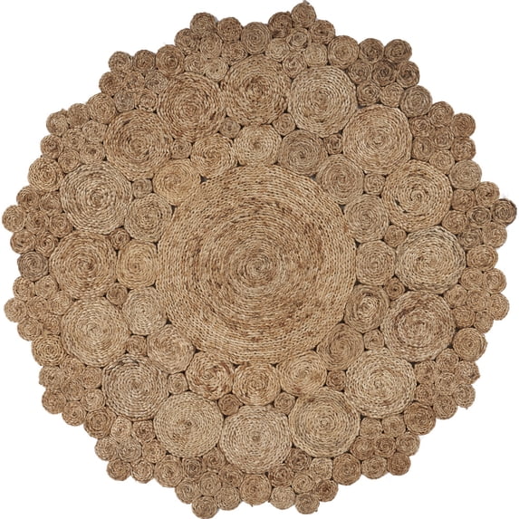 Woven Paths 4' Round Brown and Tan Braided Circles Jute Area Rug