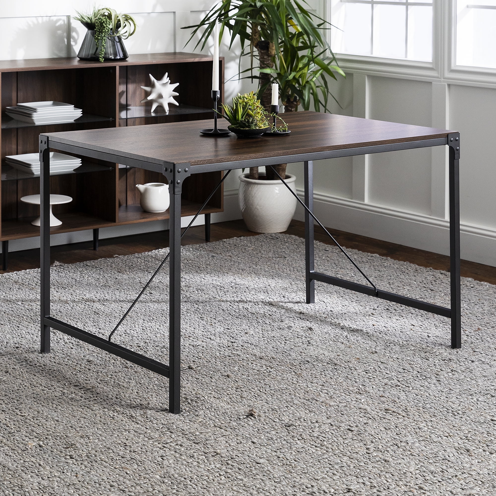 Woven Paths 48" Angle Iron Rustic Wood Dining Table, Dark Walnut