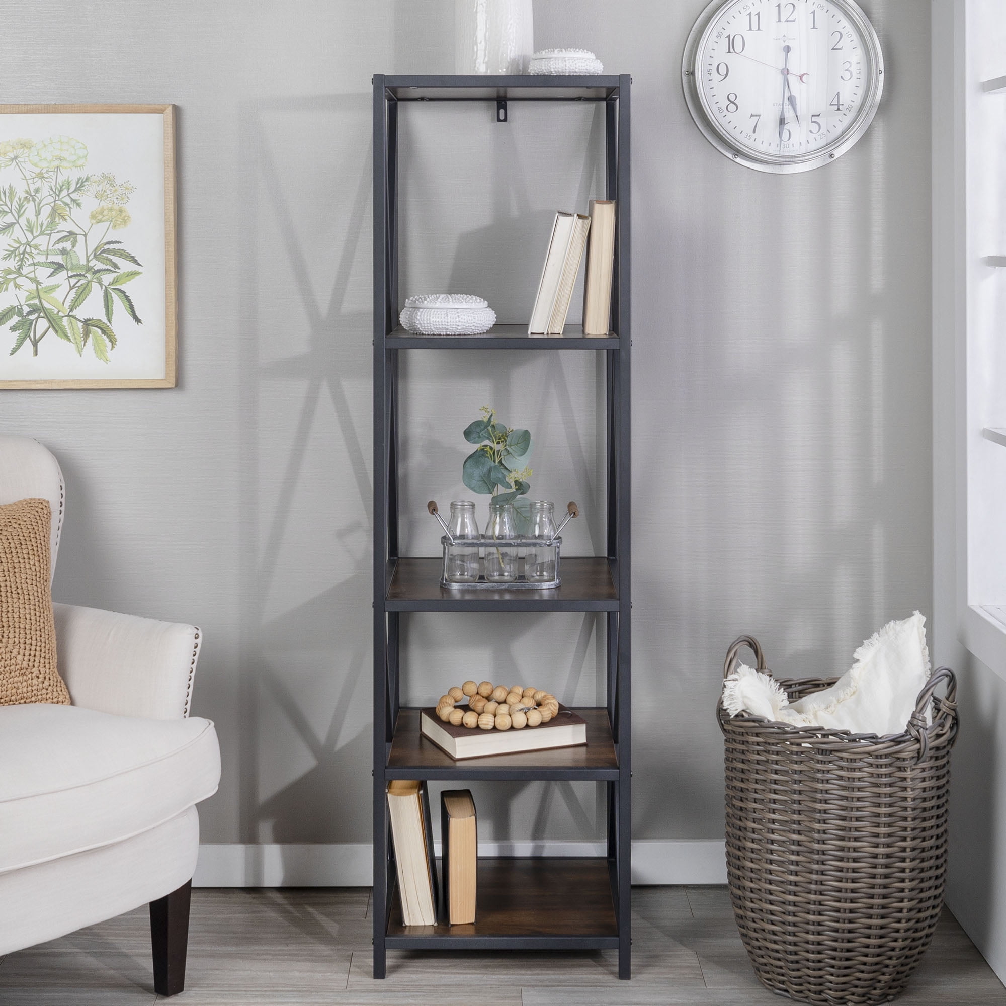 Woven Paths Charlie Farmhouse 4-Shelf Bookcase, Dark Walnut