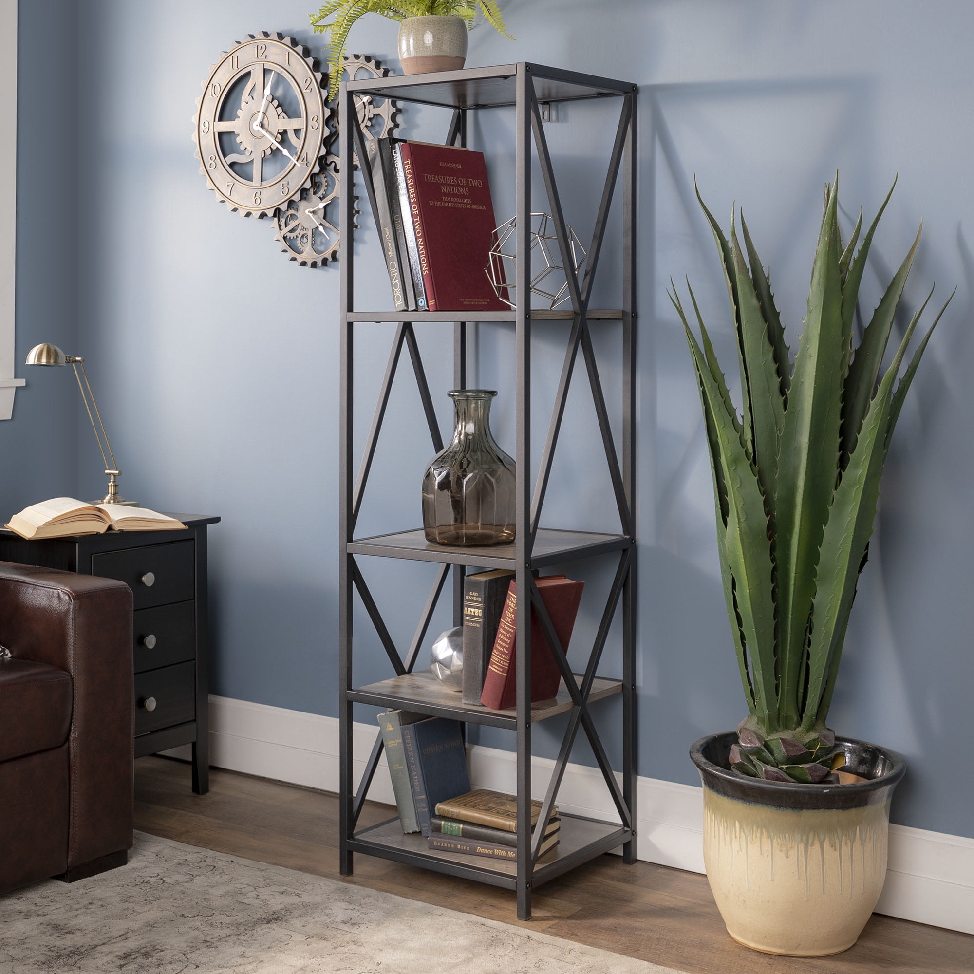 Woven Paths Charlie Farmhouse 4-Shelf Bookcase, Grey Wash