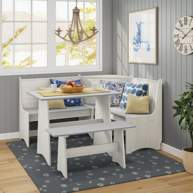 Woven Paths Cottonwood 3-Piece Small Spaces Wood Dining Nook, White/Gray