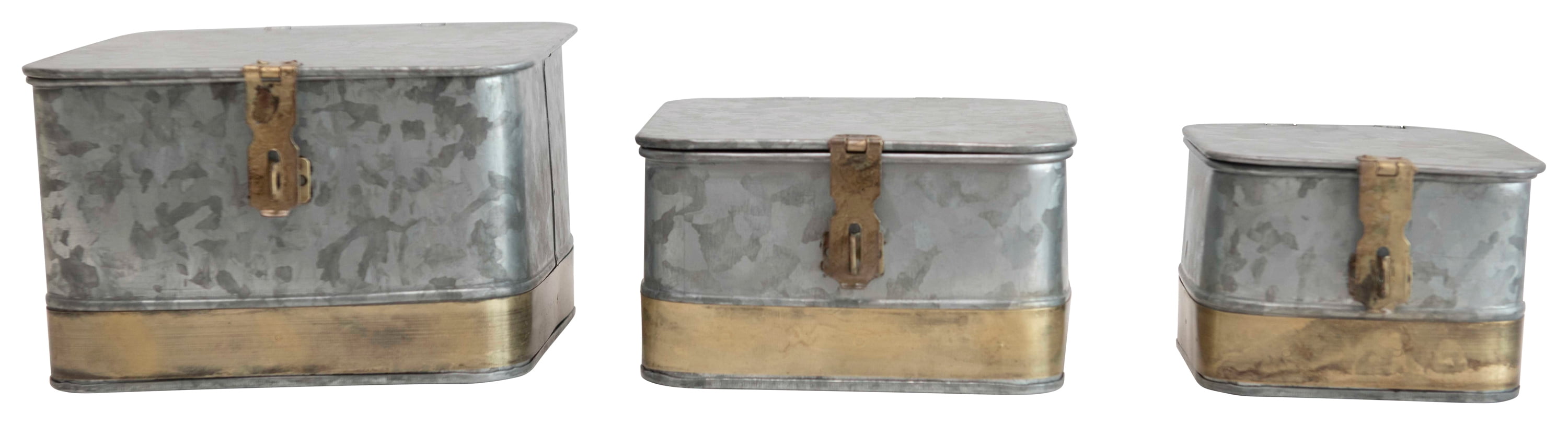 Rustic Galvanized Metal Lidded Storage Boxes with Brass Accents