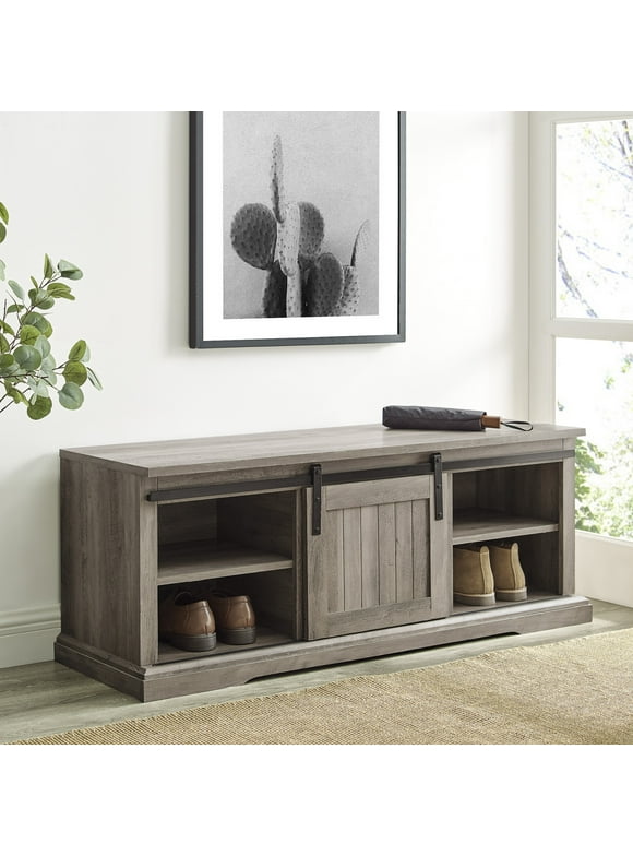 Woven Paths Dorset Grooved Sliding Barn Door Storage Bench, Gray Wash