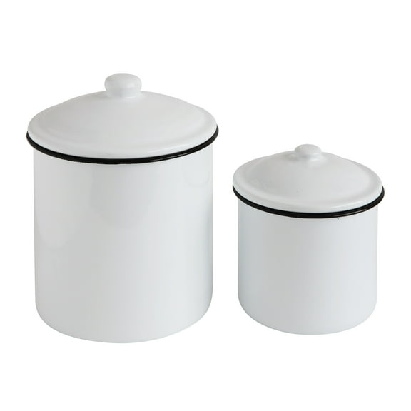 Woven Paths Enameled Metal Canisters with Lids, White, Set of 2 Pieces