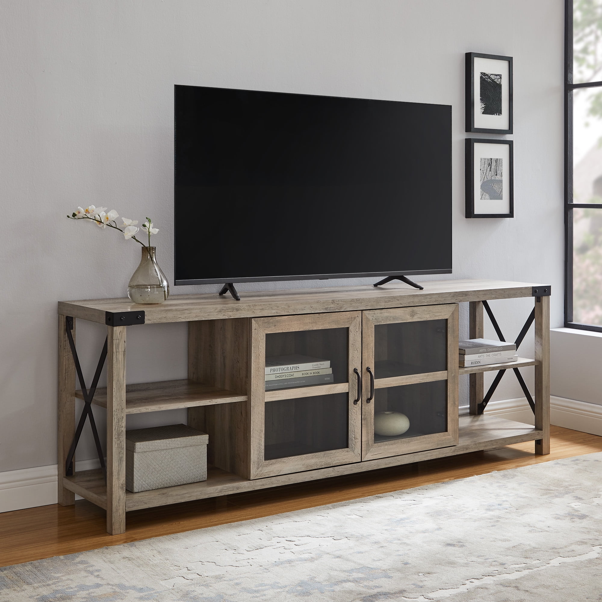 Woven Paths Farmhouse 2-Door Metal X TV Stand - Walmart.com