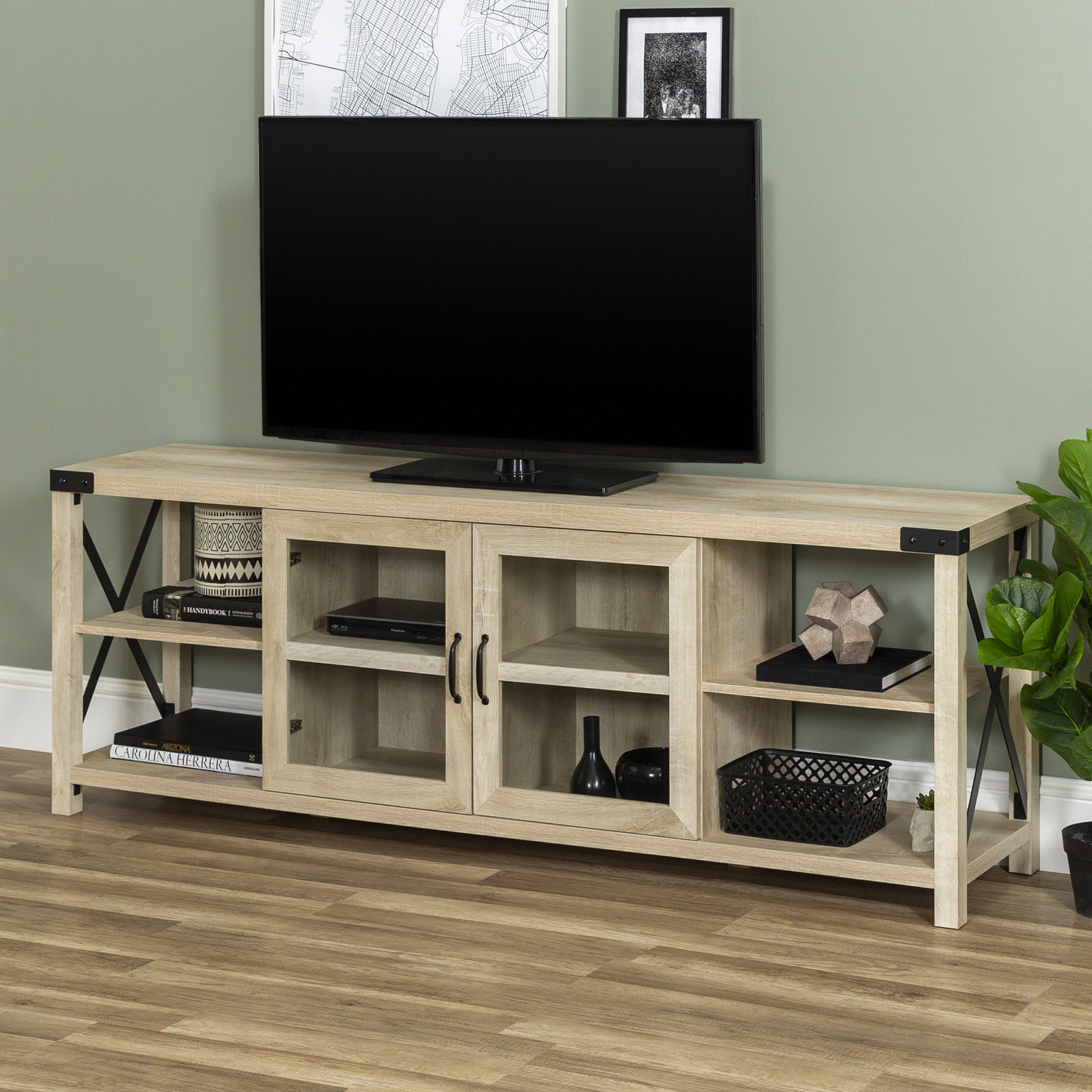 Woven Paths Farmhouse 2-Door Metal X TV Stand for TVs up to 80", White Oak - image 1 of 13