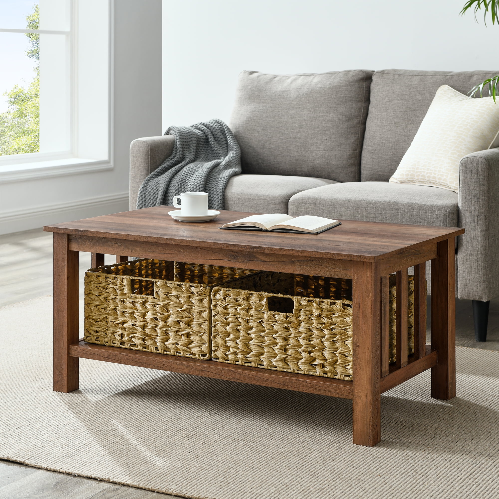 Woven Paths Farmhouse Mission Rectangle Coffee Table with Baskets, Reclaimed Barnwood