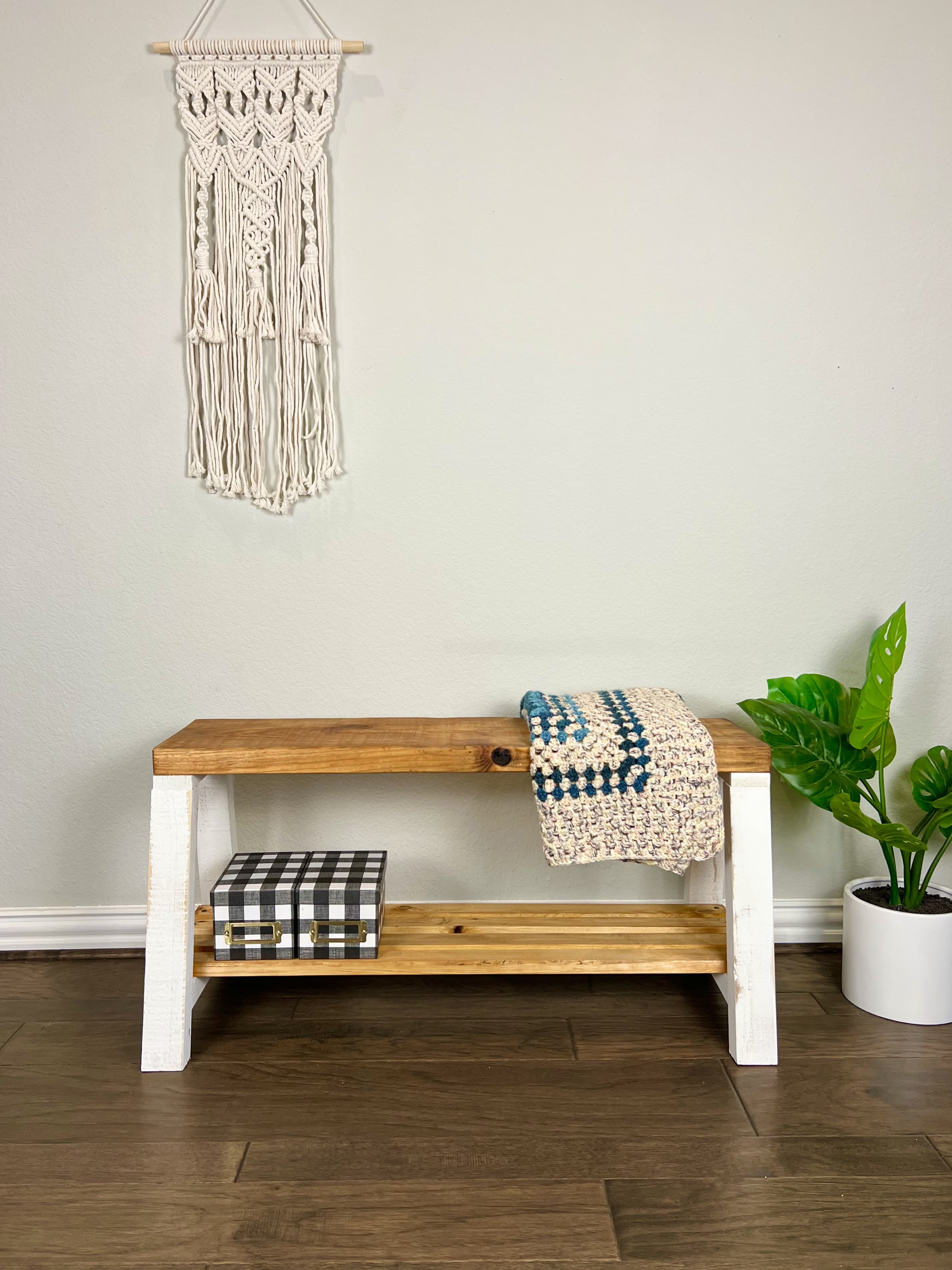 Woven Paths Farmhouse Pine Wood Storage Shelf Bench, Walnut/White 17 in