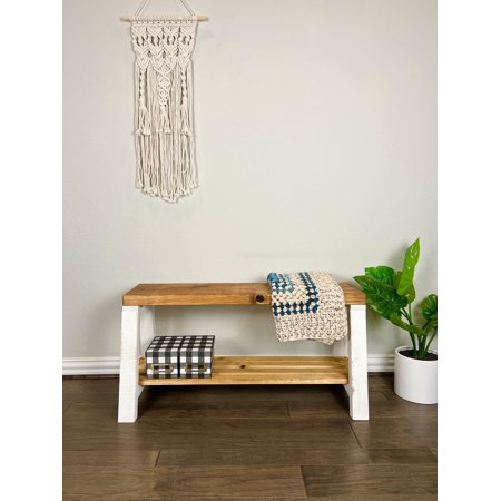 Woven Paths Farmhouse Pine Wood Storage Shelf Bench, Walnut/White 17 in H x 14 in D x 35.5 in W