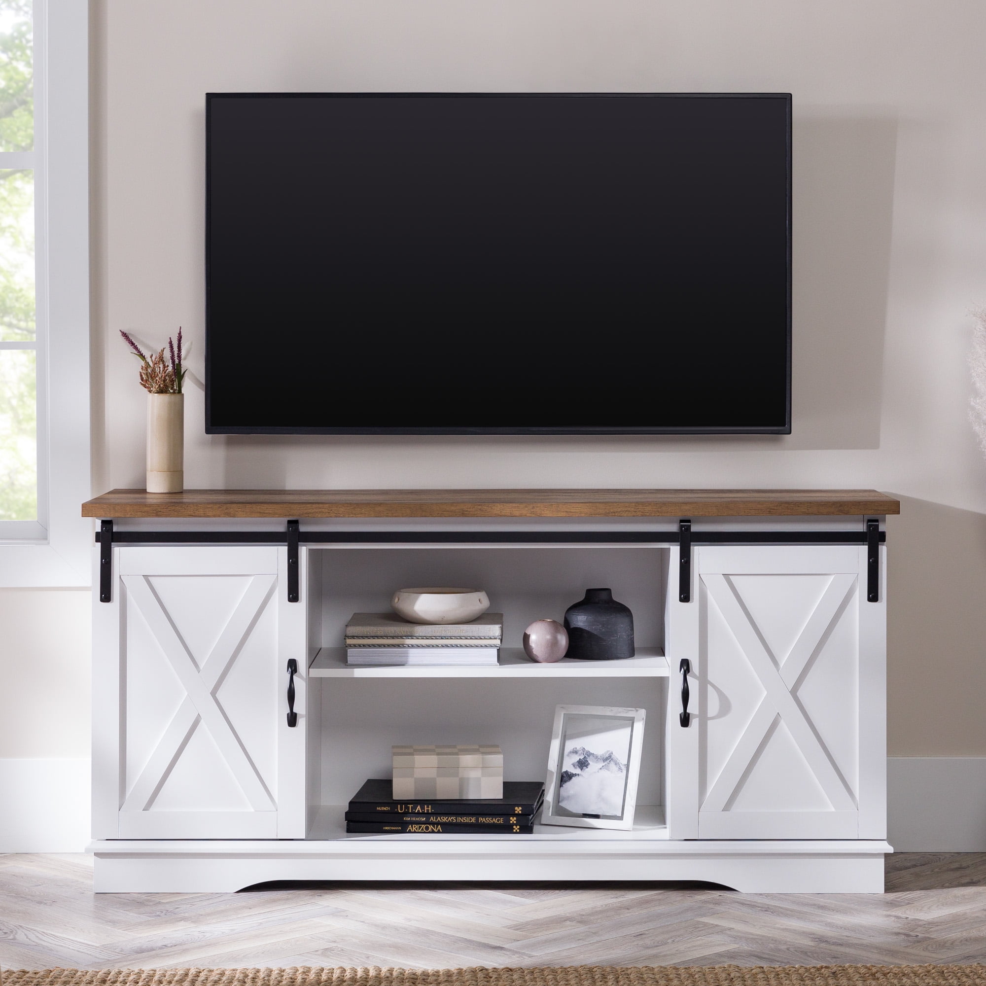 58 inch White Reclaimed Barnwood Sliding Barn Door TV Stand for TVs up to 65