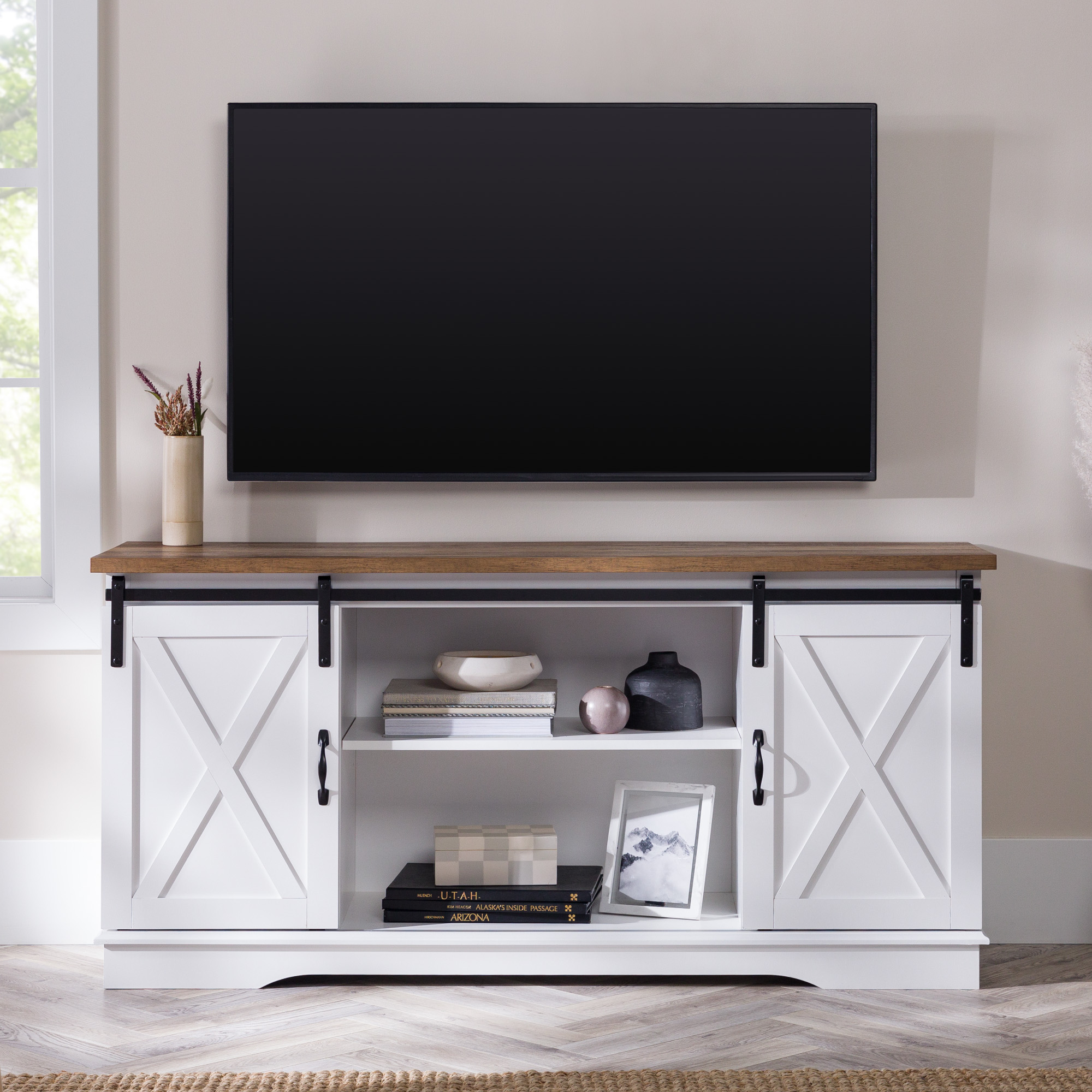 Oneinmil Farmhouse TV Stand for TVs up to 65", Brown, With Sliding Barn