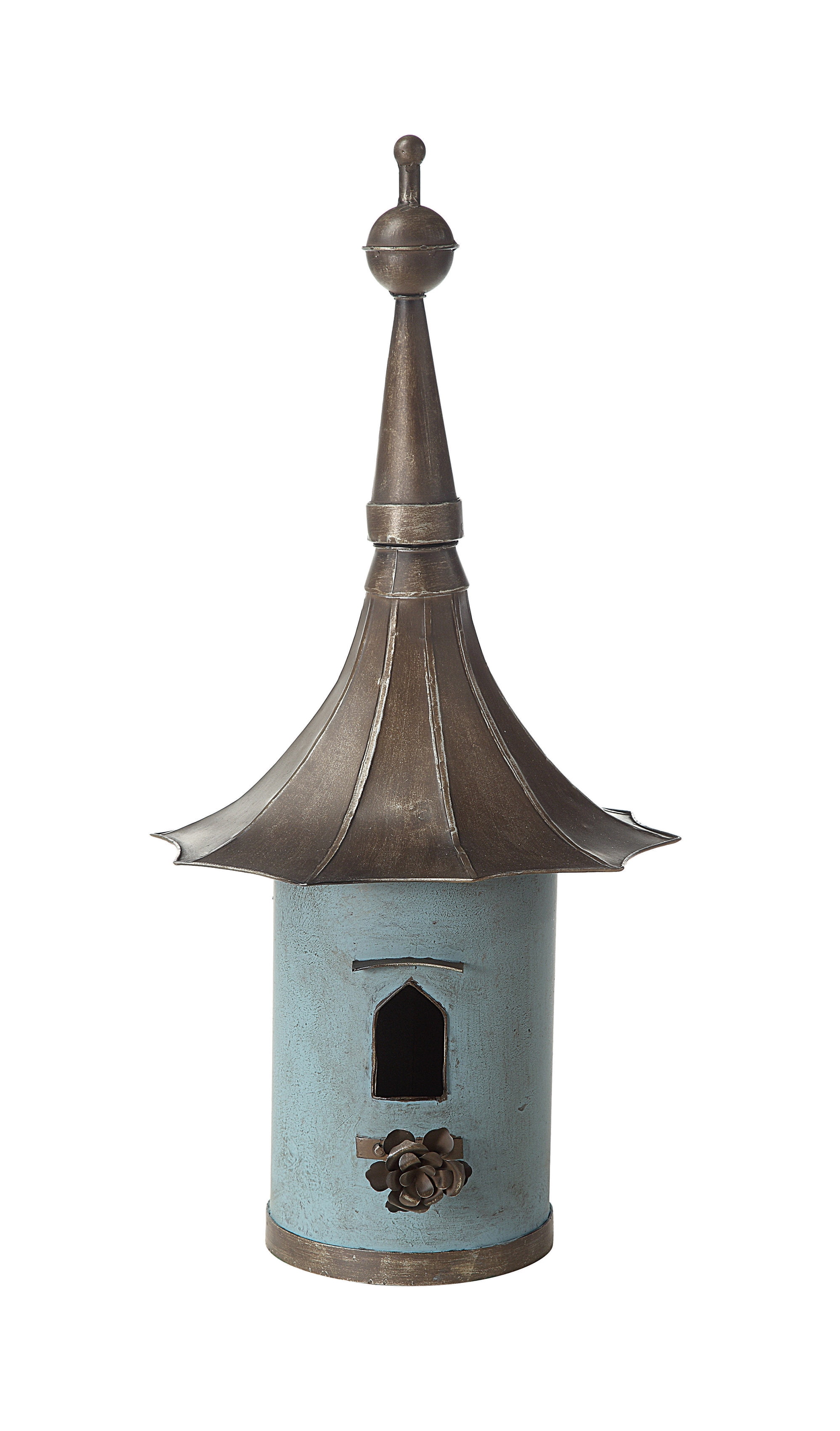 Aqua and Black Iron Freestanding Birdhouse with Flower Perch