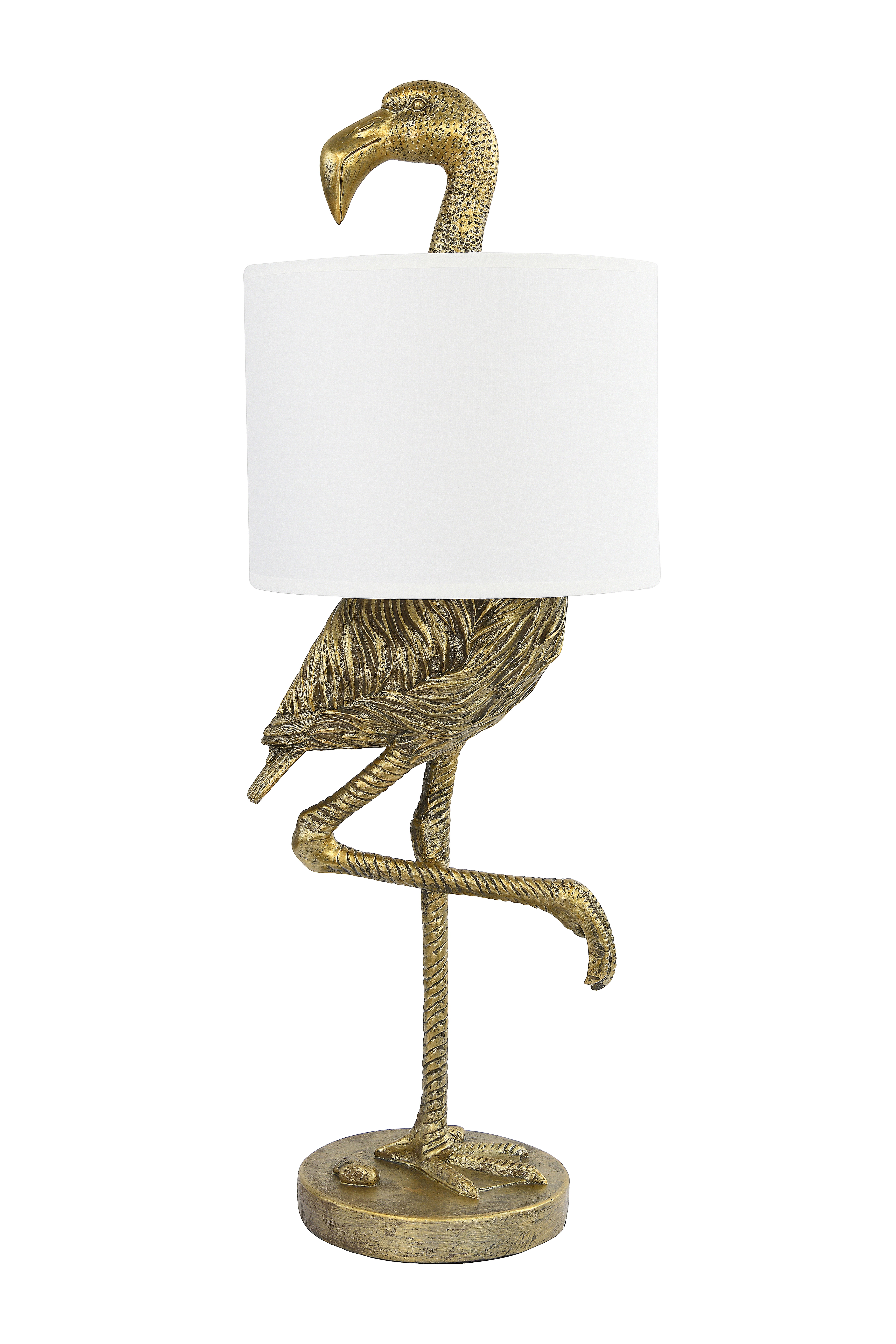Gold Resin Flamingo Table Lamp with White Linen Shade, 32"